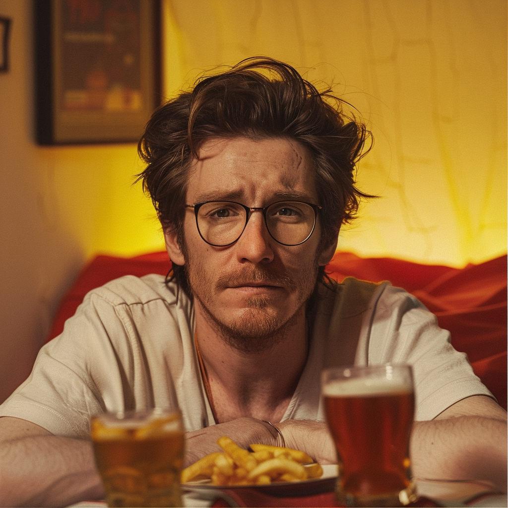 André devant des frites et une bière, regard inquiet.