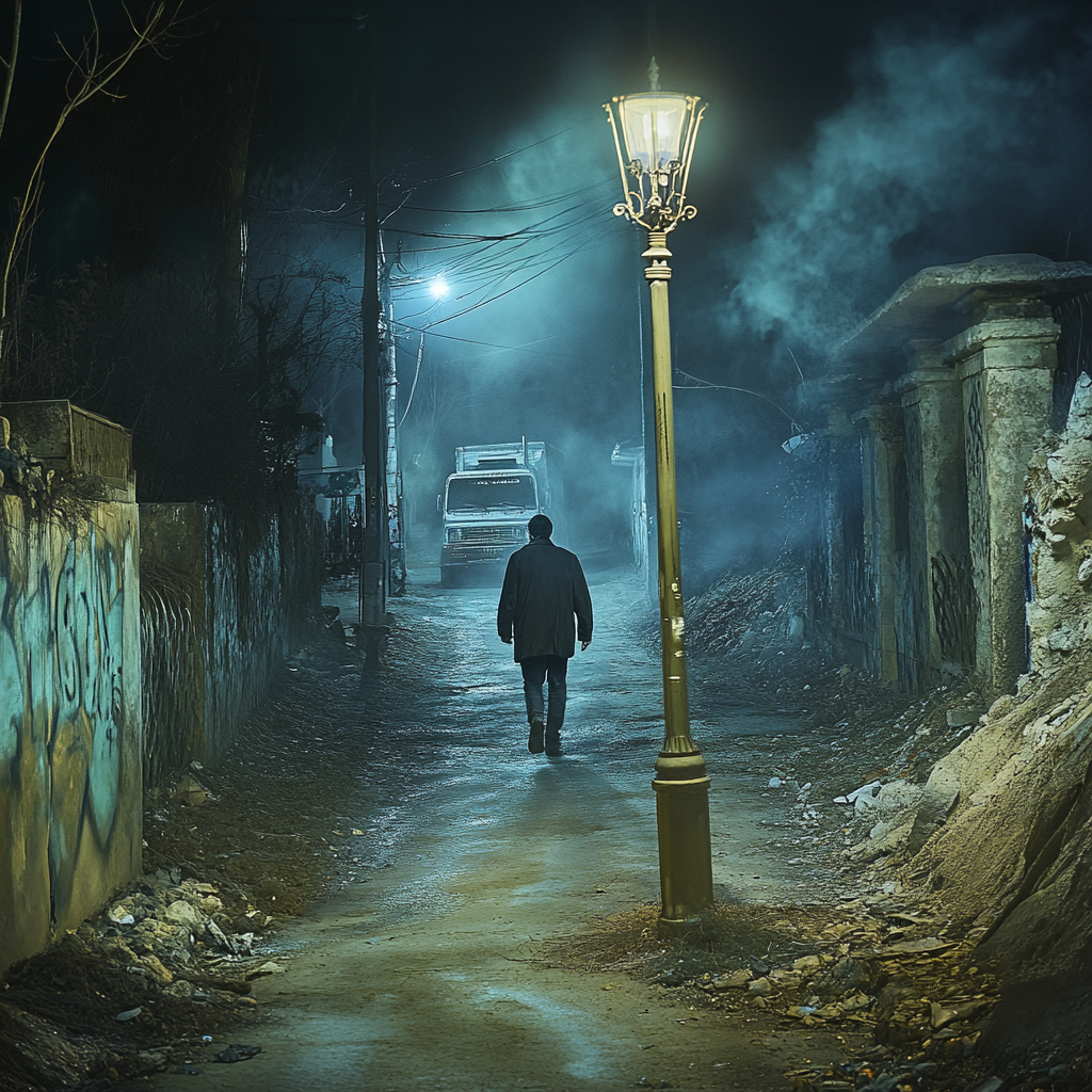 Rue belge sombre et brumeuse, ambiance dystopique.