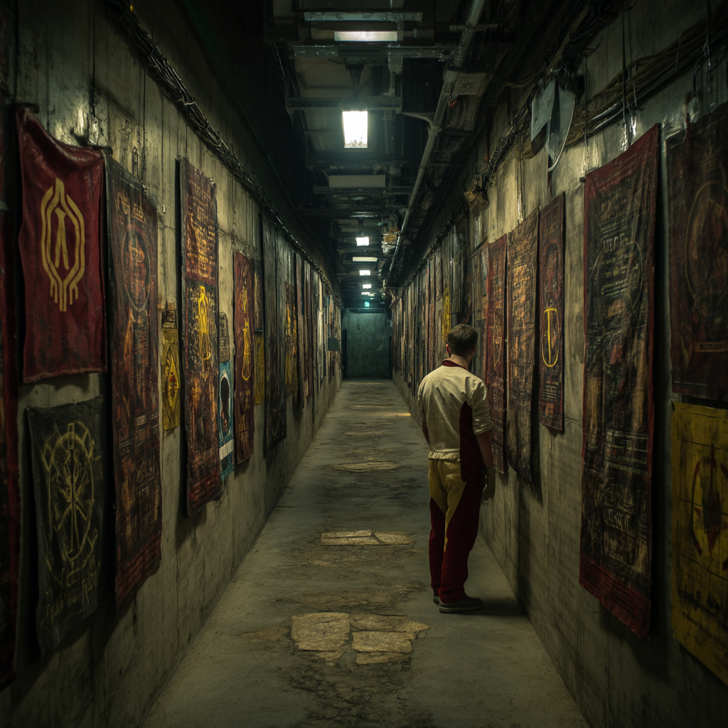 Couloir de propagande souterrain avec affiches rouges et jaunes.